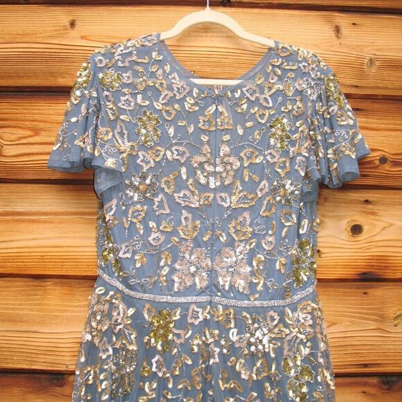 Mac Duggal 5717 Womens Blue Embellished Butterfly Sleeve High Neck Gown - Picture 12 of 14